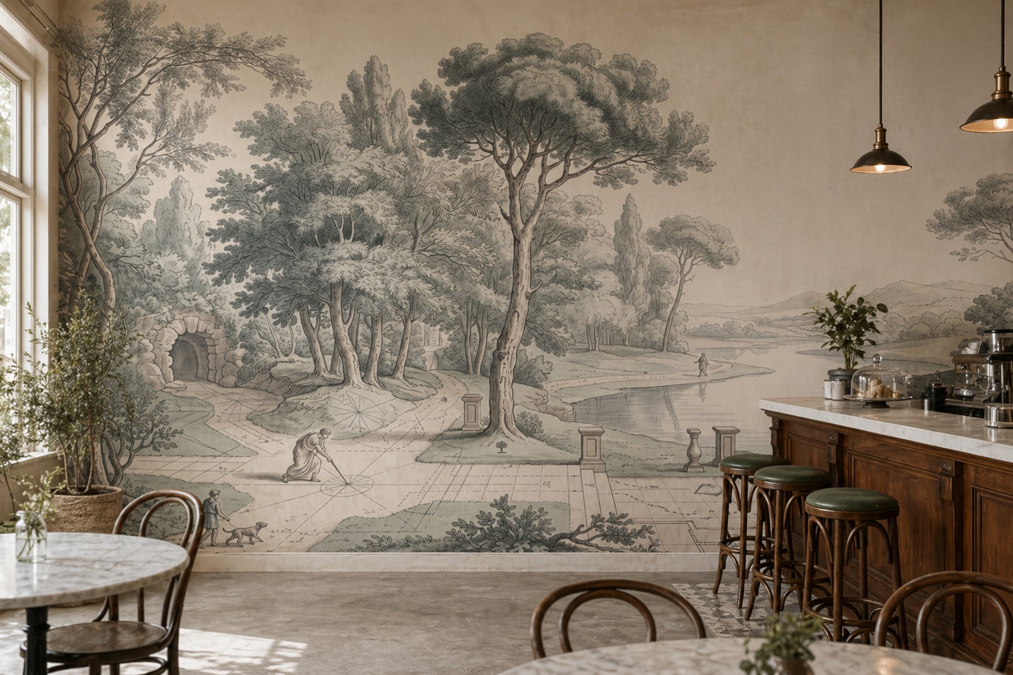 Scenic Landscape Wallpaper Lakeside View Vintage Engraving Wall Mural