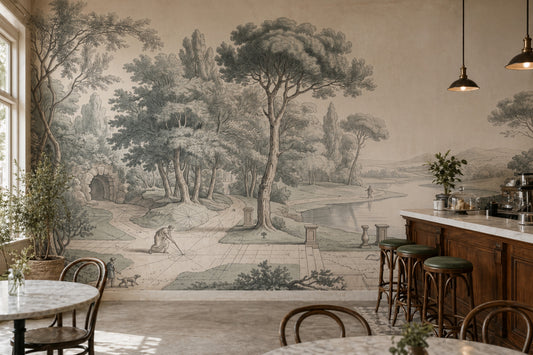 Scenic Landscape Wallpaper Lakeside View Vintage Engraving Wall Mural