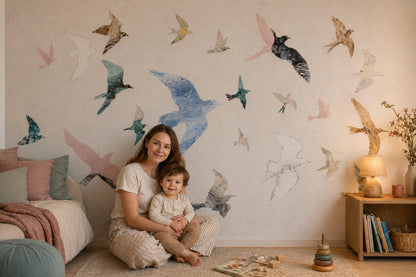 Birds In Flight Wallpaper Watercolor Removable Abstract Collage Wall Decor