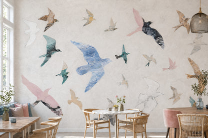 Birds In Flight Wallpaper Watercolor Removable Abstract Collage Wall Decor
