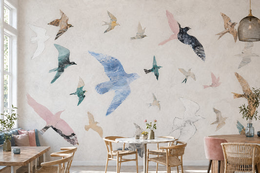 Birds In Flight Wallpaper Watercolor Removable Abstract Collage Wall Decor
