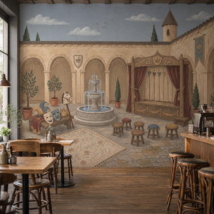 Castle Courtyard Wallpaper Stone Arches Fountain Removable Wall Decor