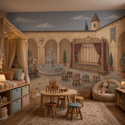 Castle Courtyard Wallpaper Stone Arches Fountain Removable Wall Decor
