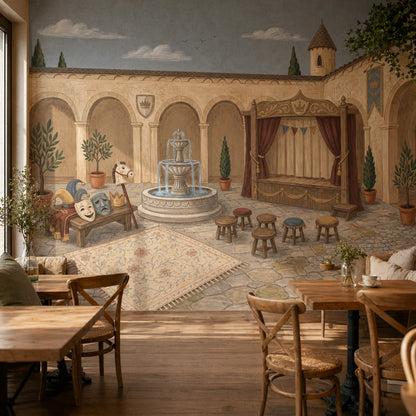 Castle Courtyard Wallpaper Stone Arches Fountain Removable Wall Decor