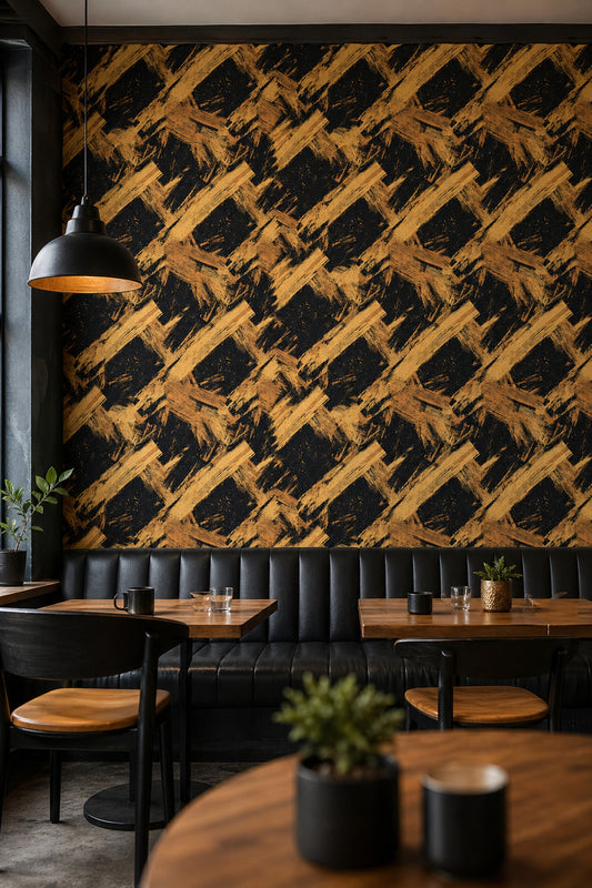 Dark Abstract Wallpaper Black Background Removable Gold Ochre Brushstrokes Wall Double Roll