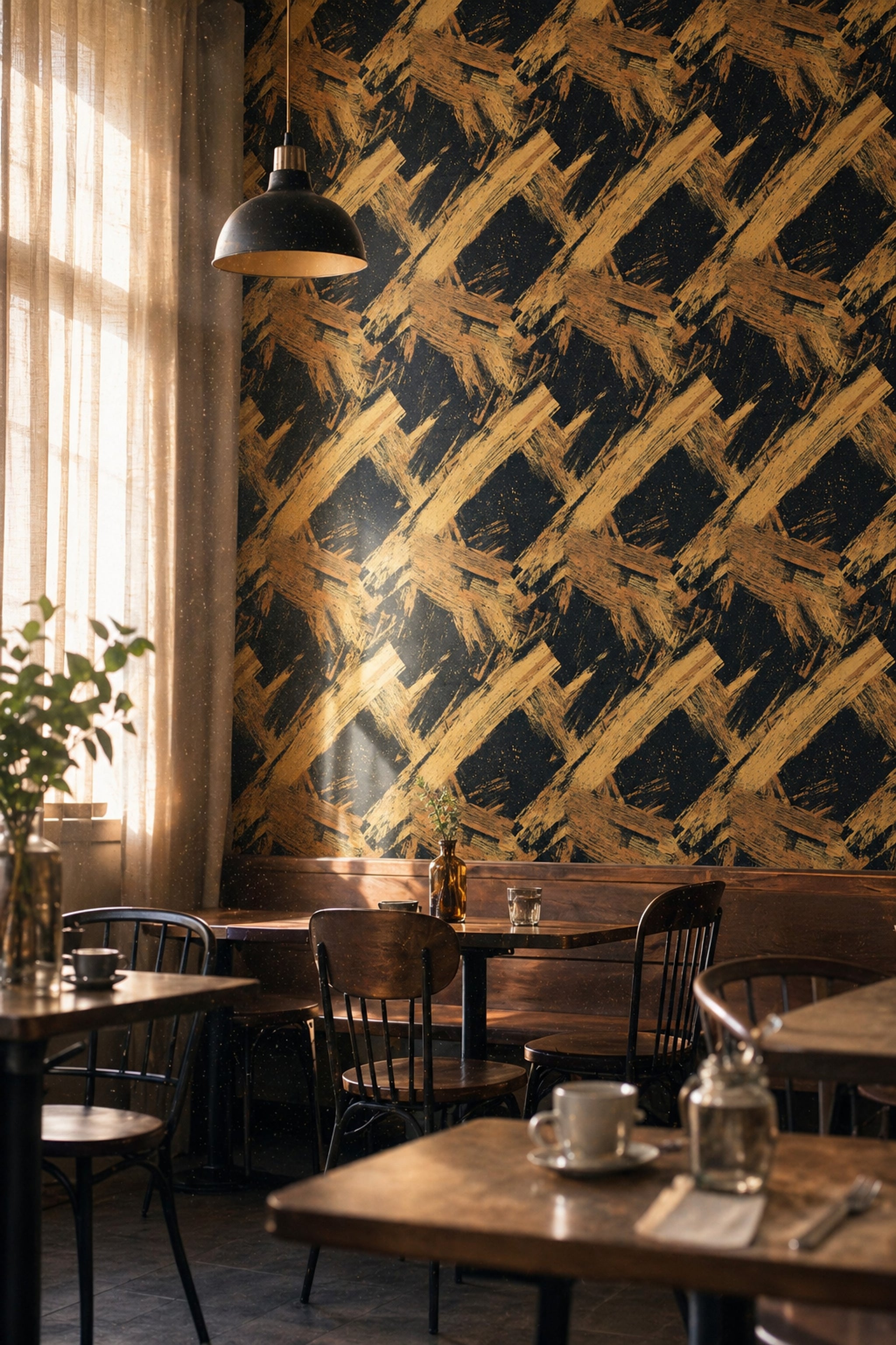 Dark Abstract Wallpaper Black Background Removable Gold Ochre Brushstrokes Wall Decor
