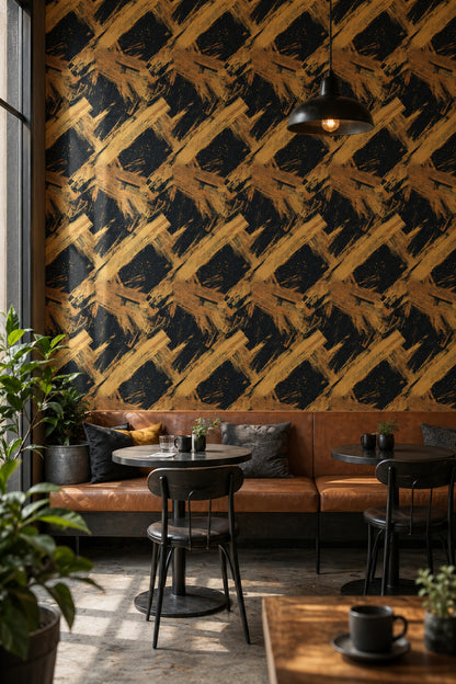 Dark Abstract Wallpaper Black Background Removable Gold Ochre Brushstrokes Wall Decor