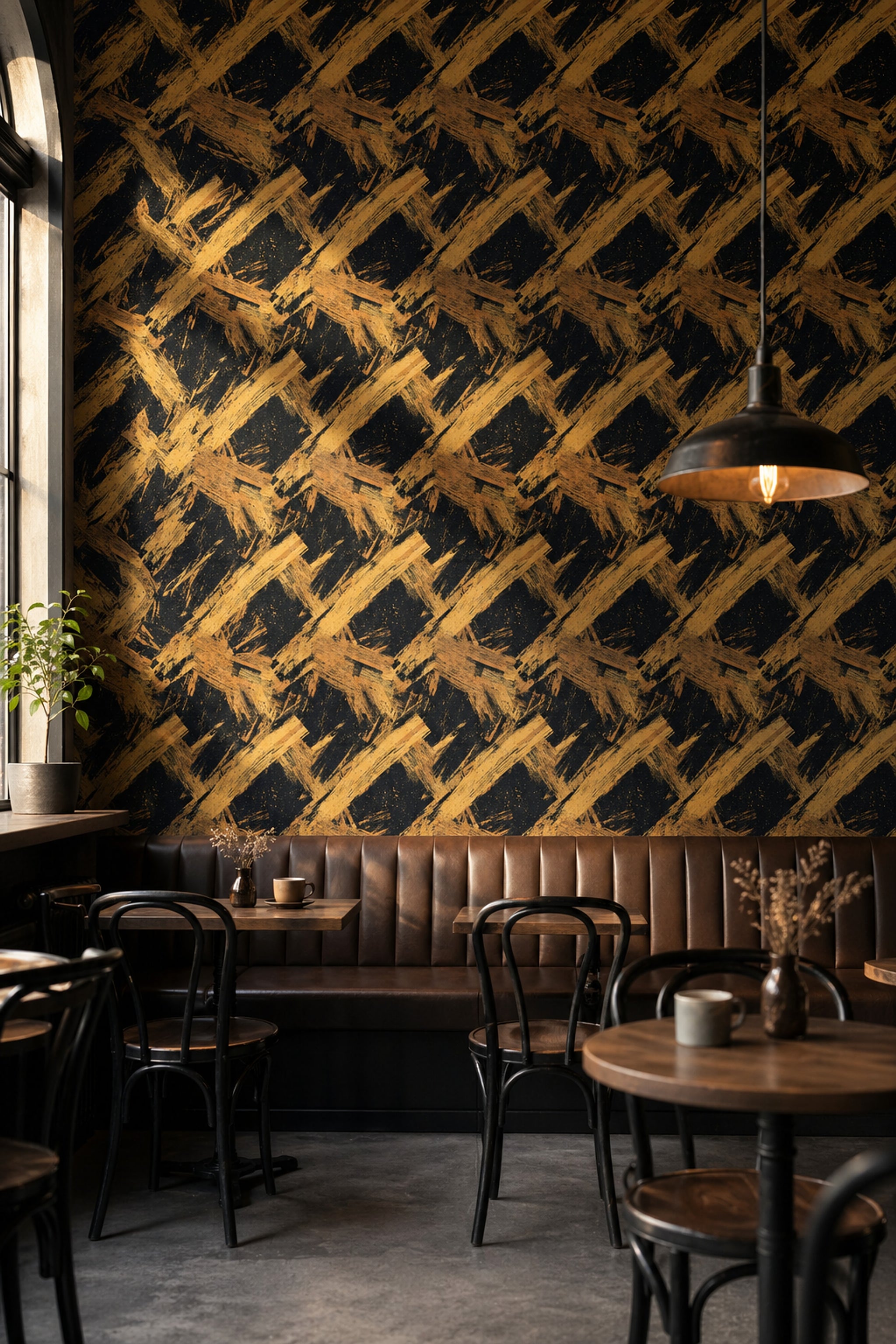 Dark Abstract Wallpaper Black Background Removable Gold Ochre Brushstrokes Wall Decor