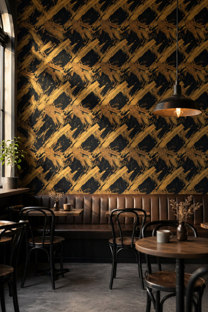 Dark Abstract Wallpaper Black Background Removable Gold Ochre Brushstrokes Wall Decor