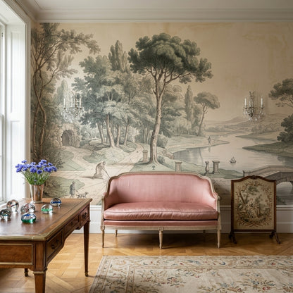 Scenic Landscape Wallpaper Lakeside View Vintage Engraving Wall Mural