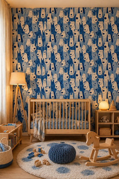 Nursery Wallpaper Cartoon Animals Dog Faces Removable Wall Decor