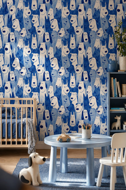 Nursery Wallpaper Cartoon Animals Dog Faces Removable Wall Decor