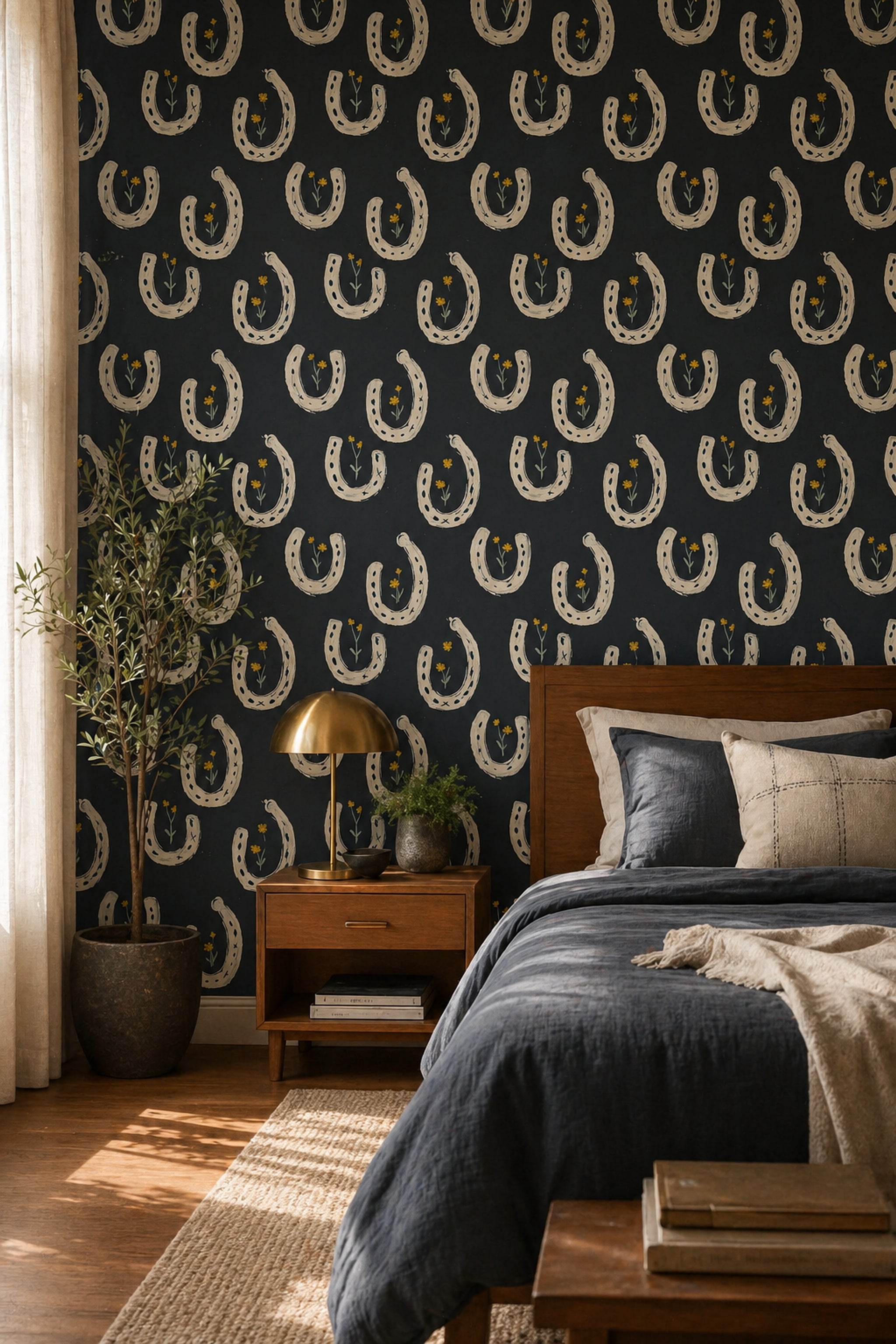Hand Painted Wallpaper Charcoal Background Removable Modern Boho Wall Decor