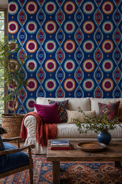 Bohemian Medallion Wallpaper Moroccan Inspired Ikat Tie Dye Effect Removable Wall Decor