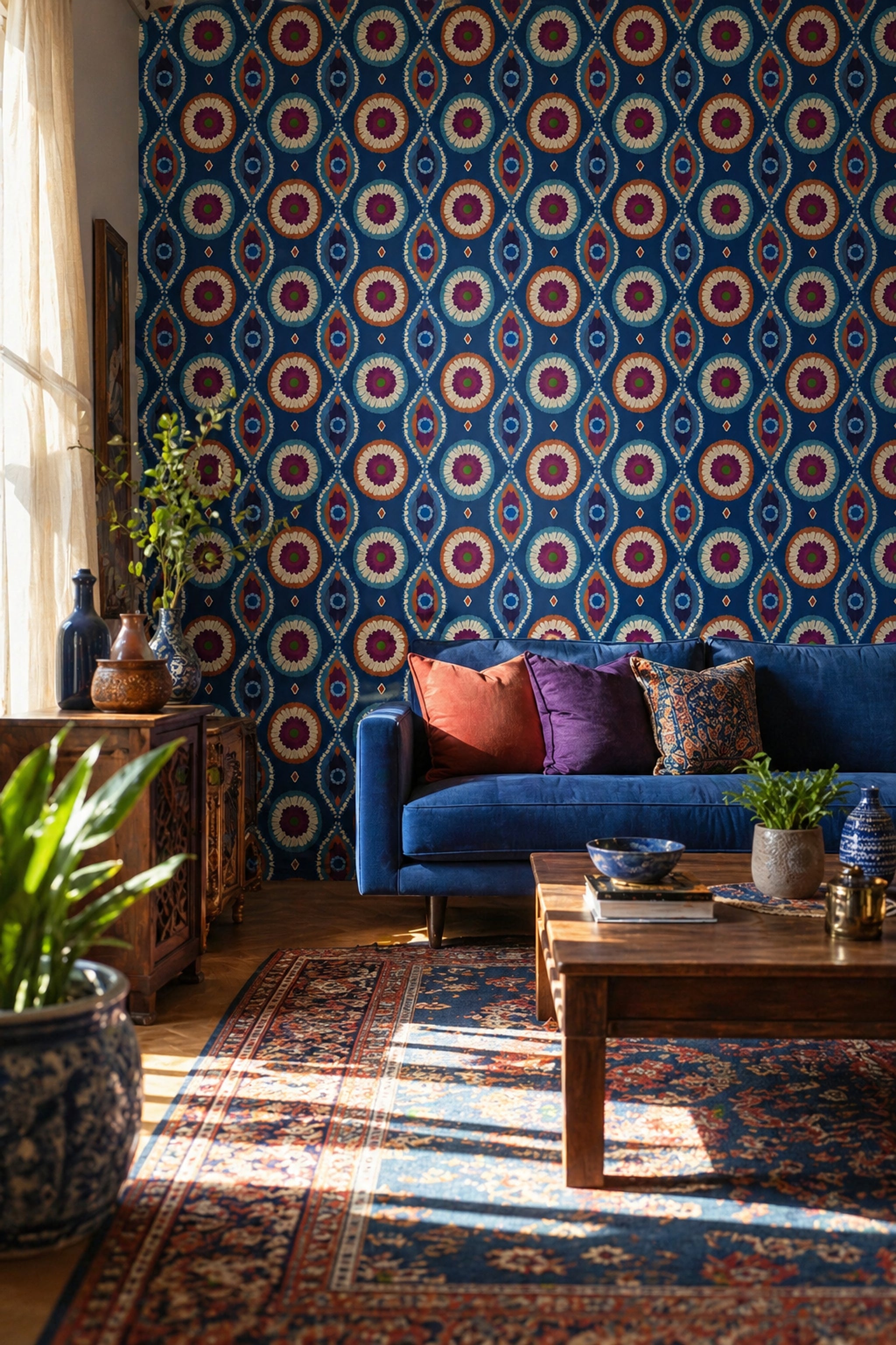Bohemian Medallion Wallpaper Moroccan Inspired Ikat Tie Dye Effect Removable Wall Decor