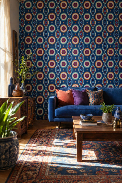 Bohemian Medallion Wallpaper Moroccan Inspired Ikat Tie Dye Effect Removable Wall Decor