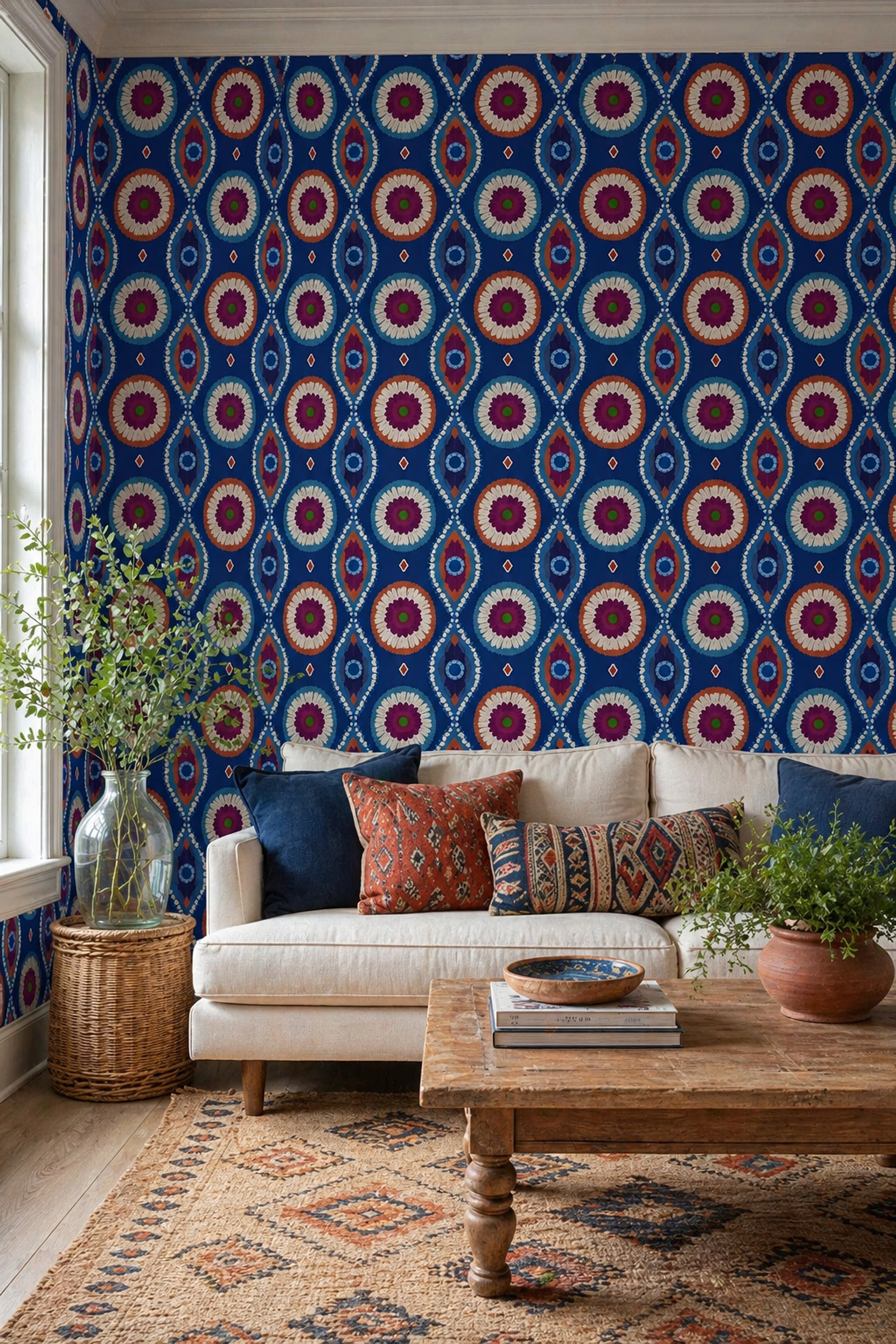 Bohemian Medallion Wallpaper Moroccan Inspired Ikat Tie Dye Effect Removable Wall Decor