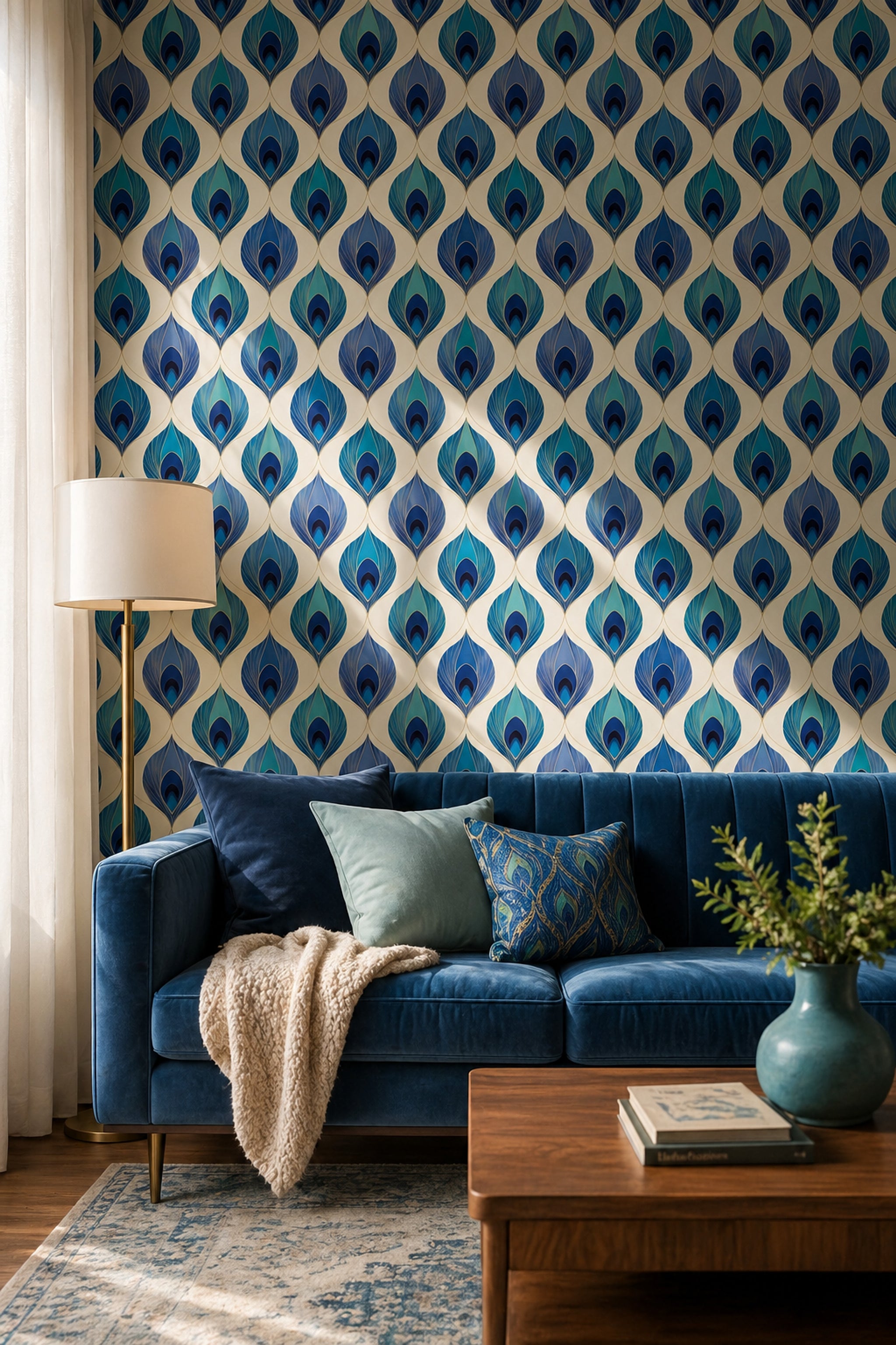 Peacock Feather Wallpaper Blue And Teal Gold Linework Decorative Mural
