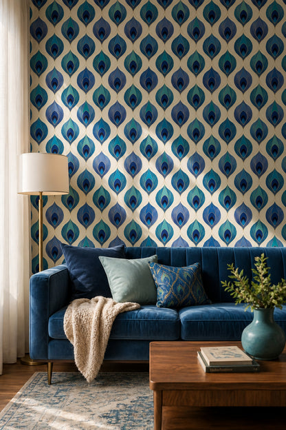 Peacock Feather Wallpaper Blue And Teal Gold Linework Decorative Mural