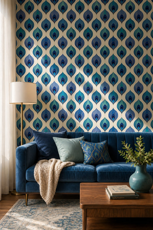 Peacock Feather Wallpaper Blue And Teal Gold Linework Decorative Mural