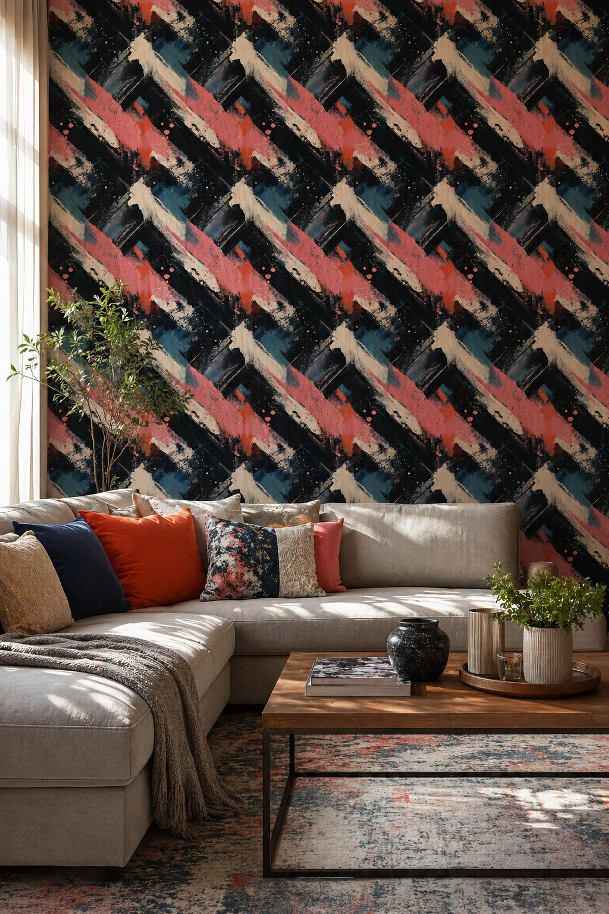 Dark Abstract Wallpaper Geometric Brushstrokes Modern Contemporary Decorative Mural