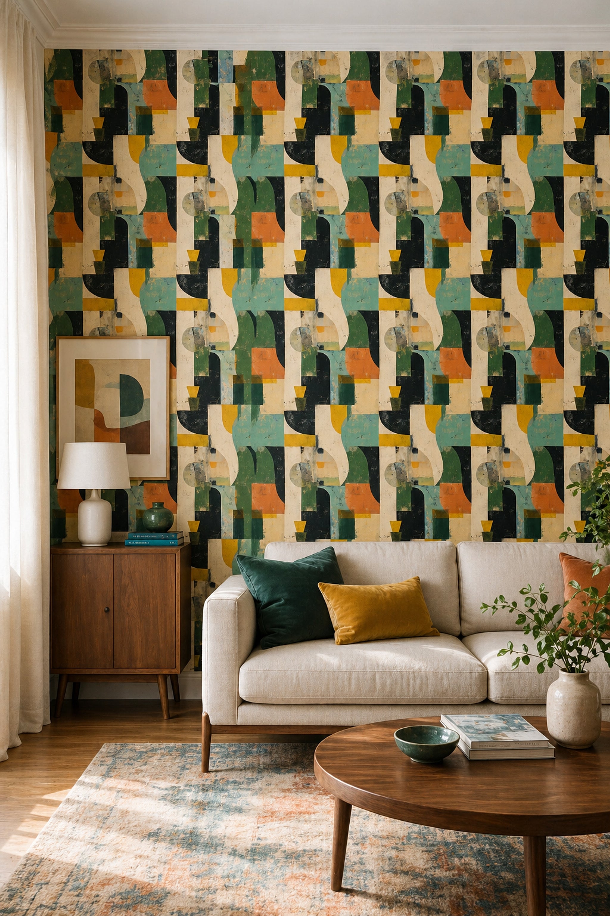 Muted Green Wallpaper Mid Century Modern Removable Wall Decor