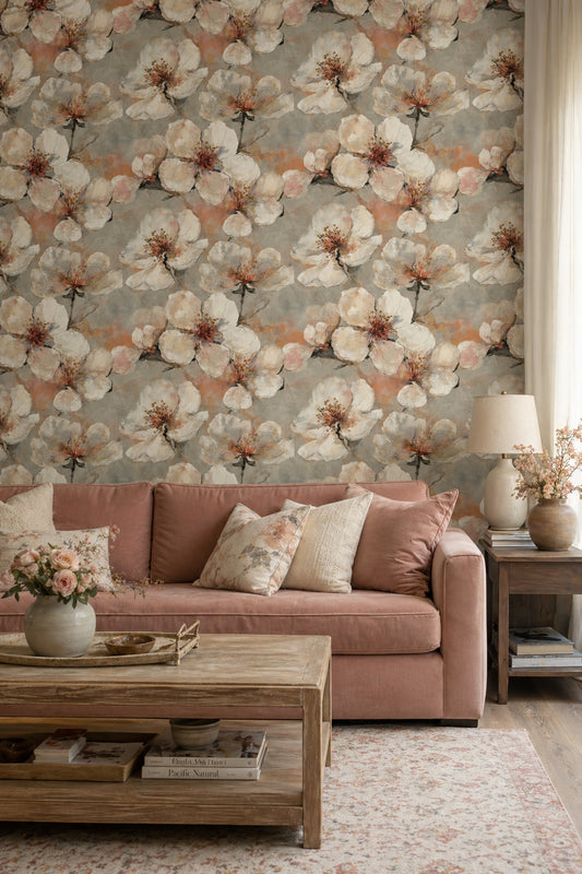 Watercolor Floral Wallpaper Oversized Blossoms Cream Background Decorative Mural