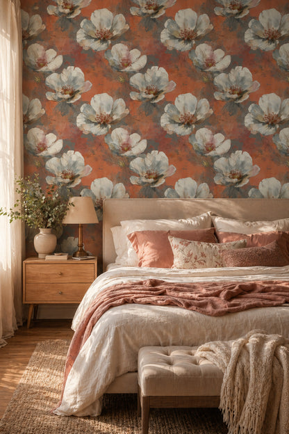 Floral Wallpaper Oversized White Blossoms Removable Watercolor Wash Wall Decor