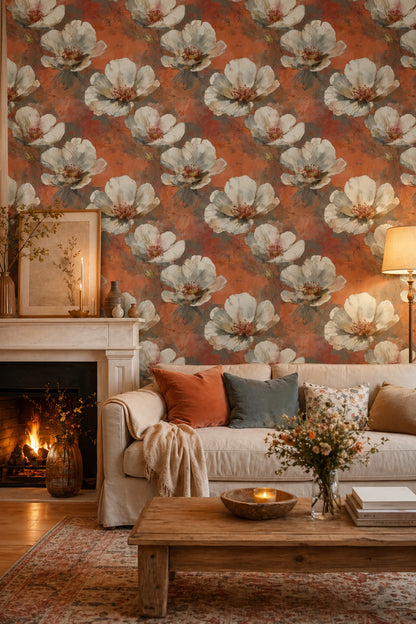 Floral Wallpaper Oversized White Blossoms Removable Watercolor Wash Wall Decor
