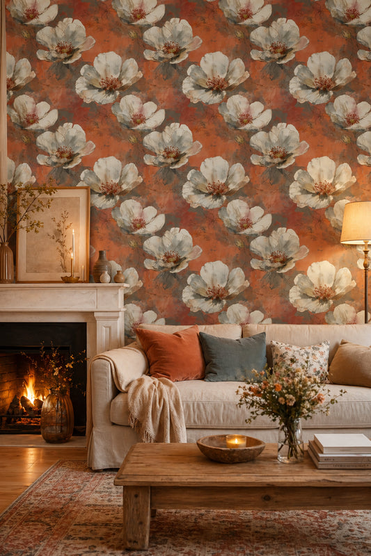 Floral Wallpaper Oversized White Blossoms Removable Watercolor Wash Wall Decor
