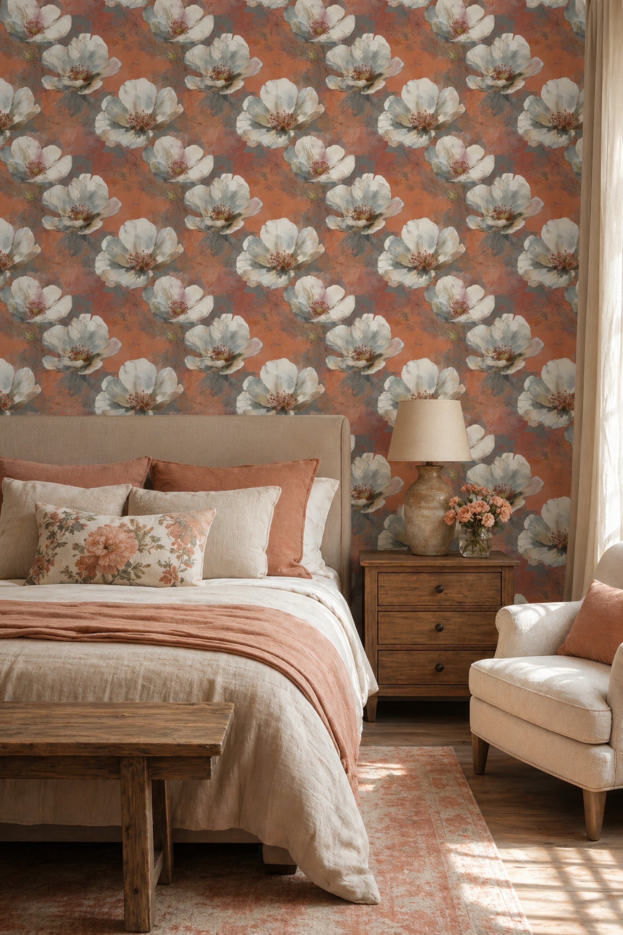 Floral Wallpaper Oversized White Blossoms Removable Watercolor Wash Wall Decor