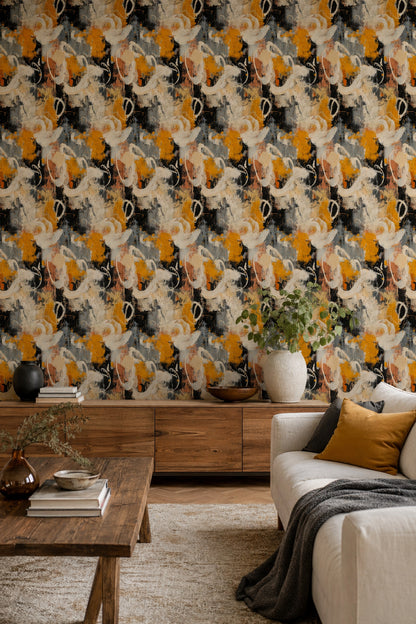 Abstract Wallpaper Textured Brushstrokes Removable Mustard Yellow Wall Decor