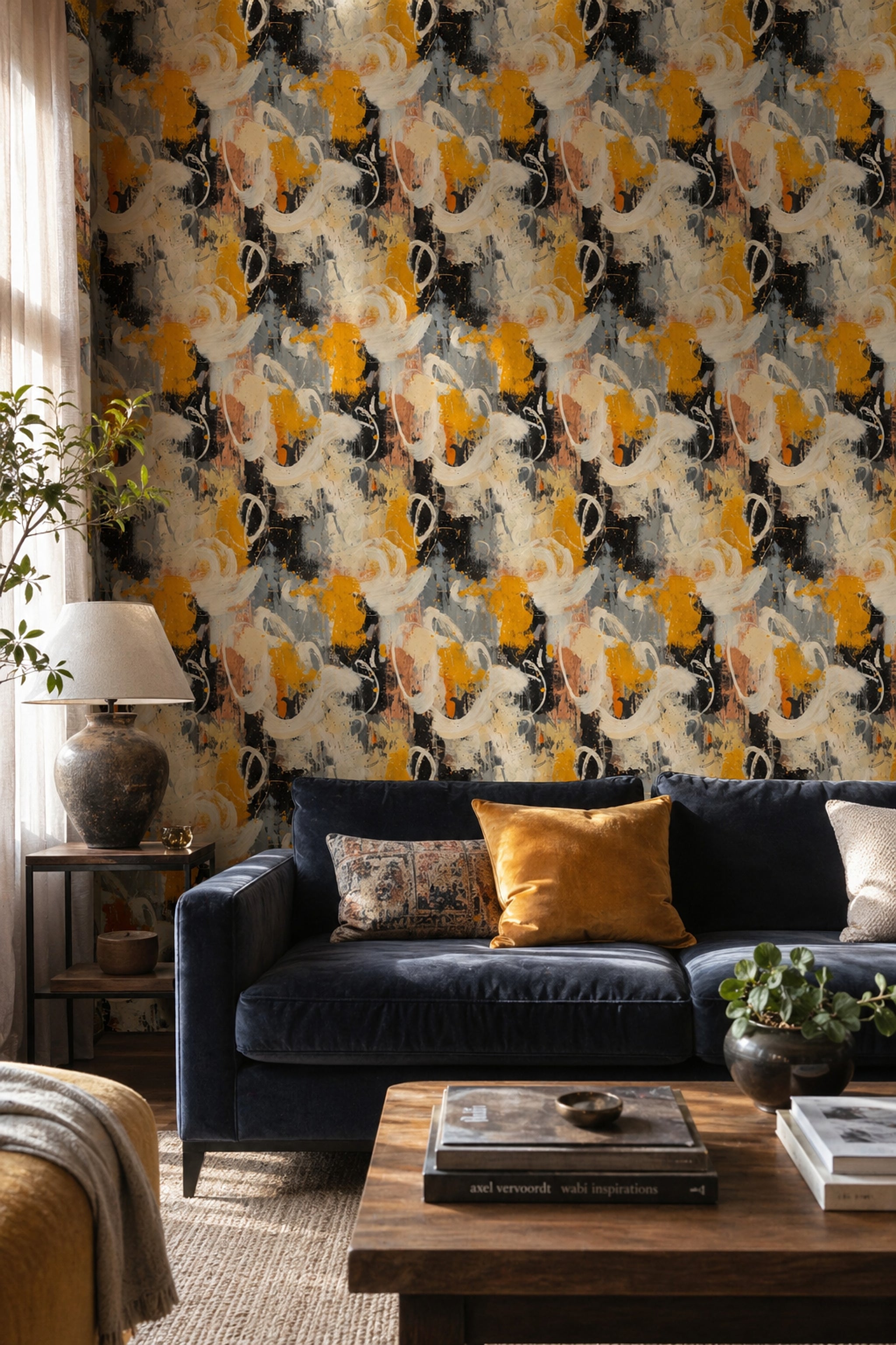 Abstract Wallpaper Textured Brushstrokes Removable Mustard Yellow Wall Decor