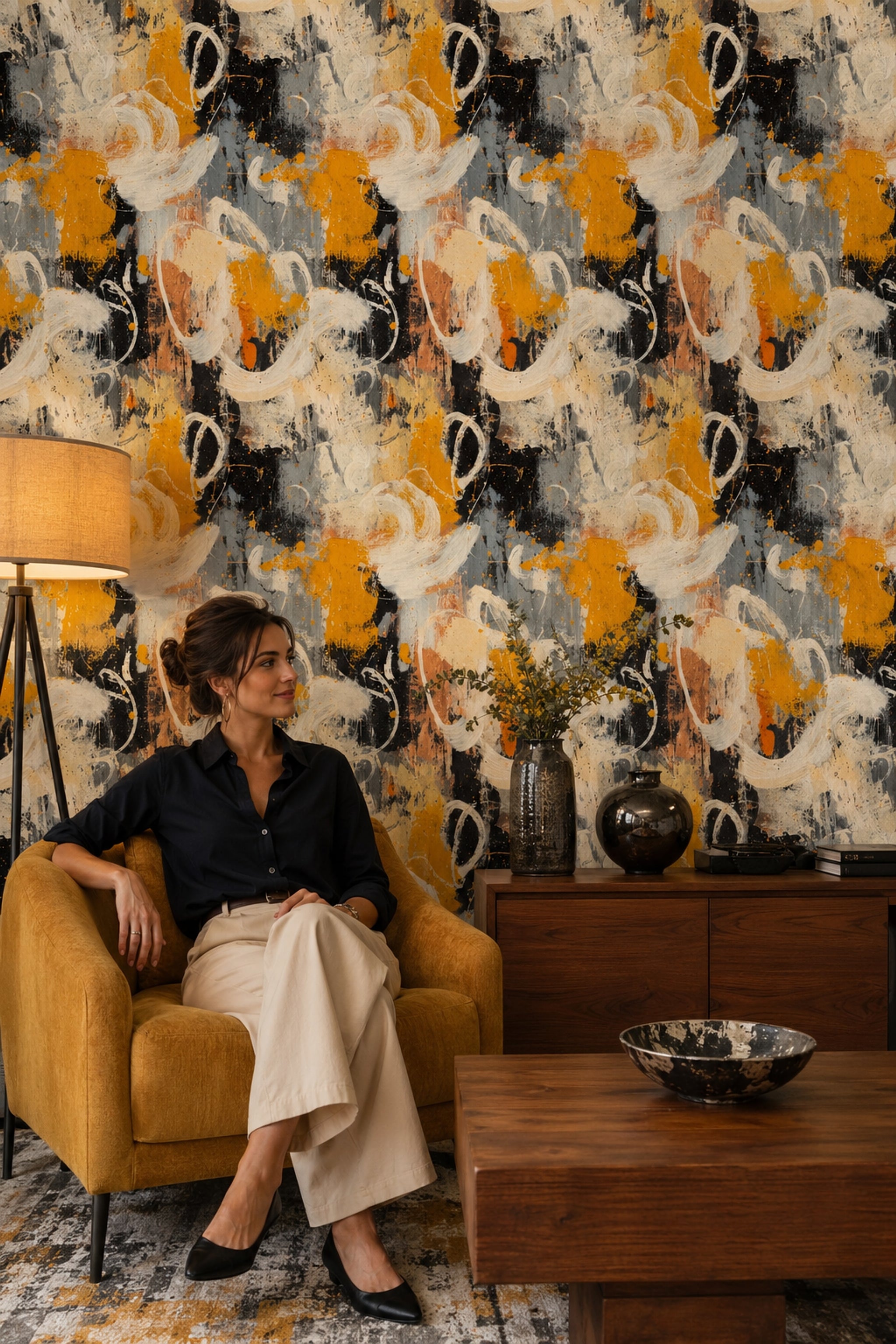 Abstract Wallpaper Textured Brushstrokes Removable Mustard Yellow Wall Decor