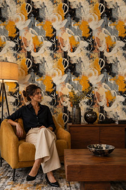 Abstract Wallpaper Textured Brushstrokes Removable Mustard Yellow Wall Decor