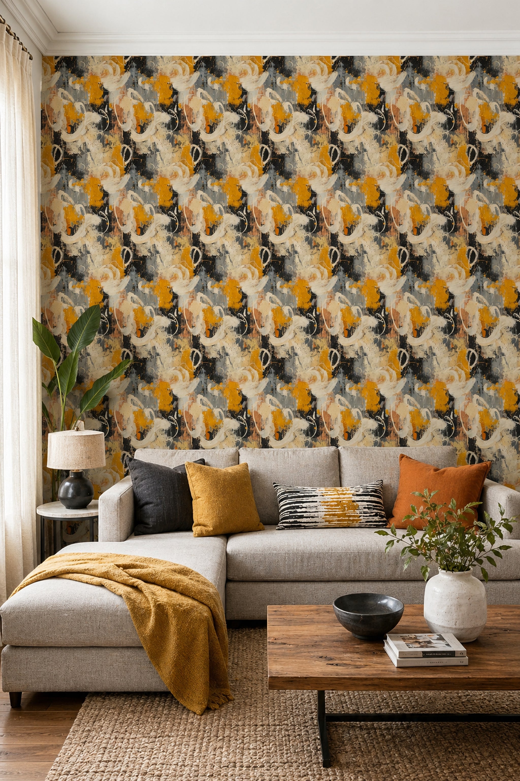 Abstract Wallpaper Textured Brushstrokes Removable Mustard Yellow Wall Decor