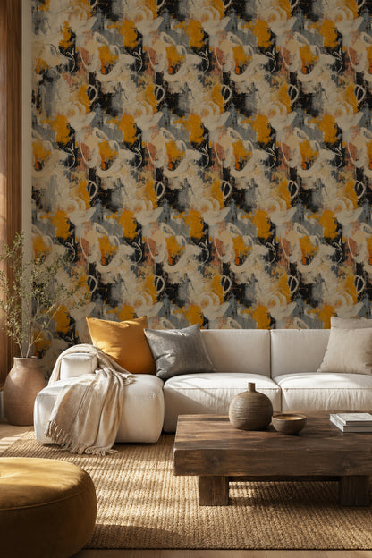 Abstract Wallpaper Textured Brushstrokes Removable Mustard Yellow Wall Decor