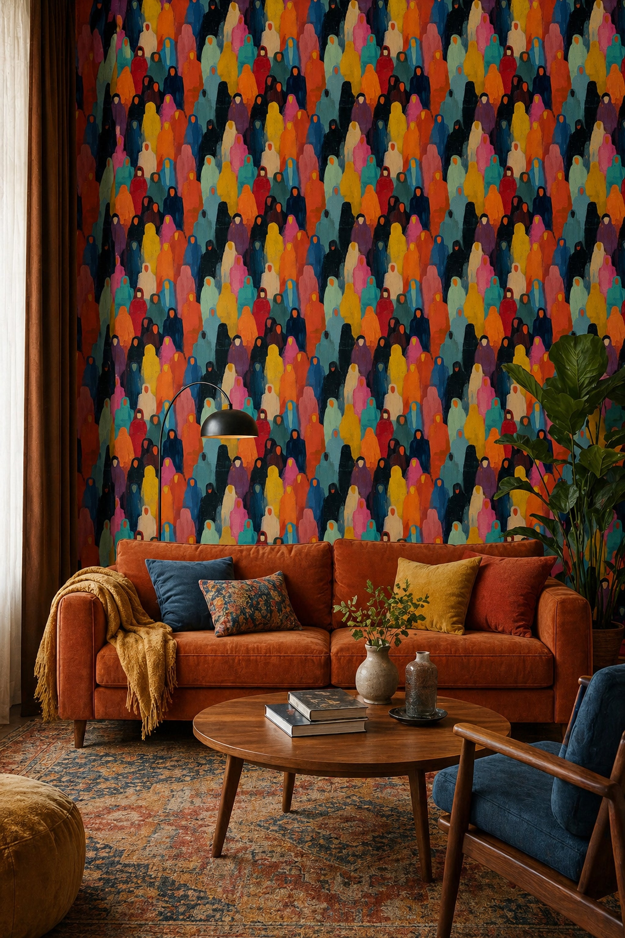Abstract Crowd Wallpaper Hooded Figures Bold Color Blocks Decorative Mural