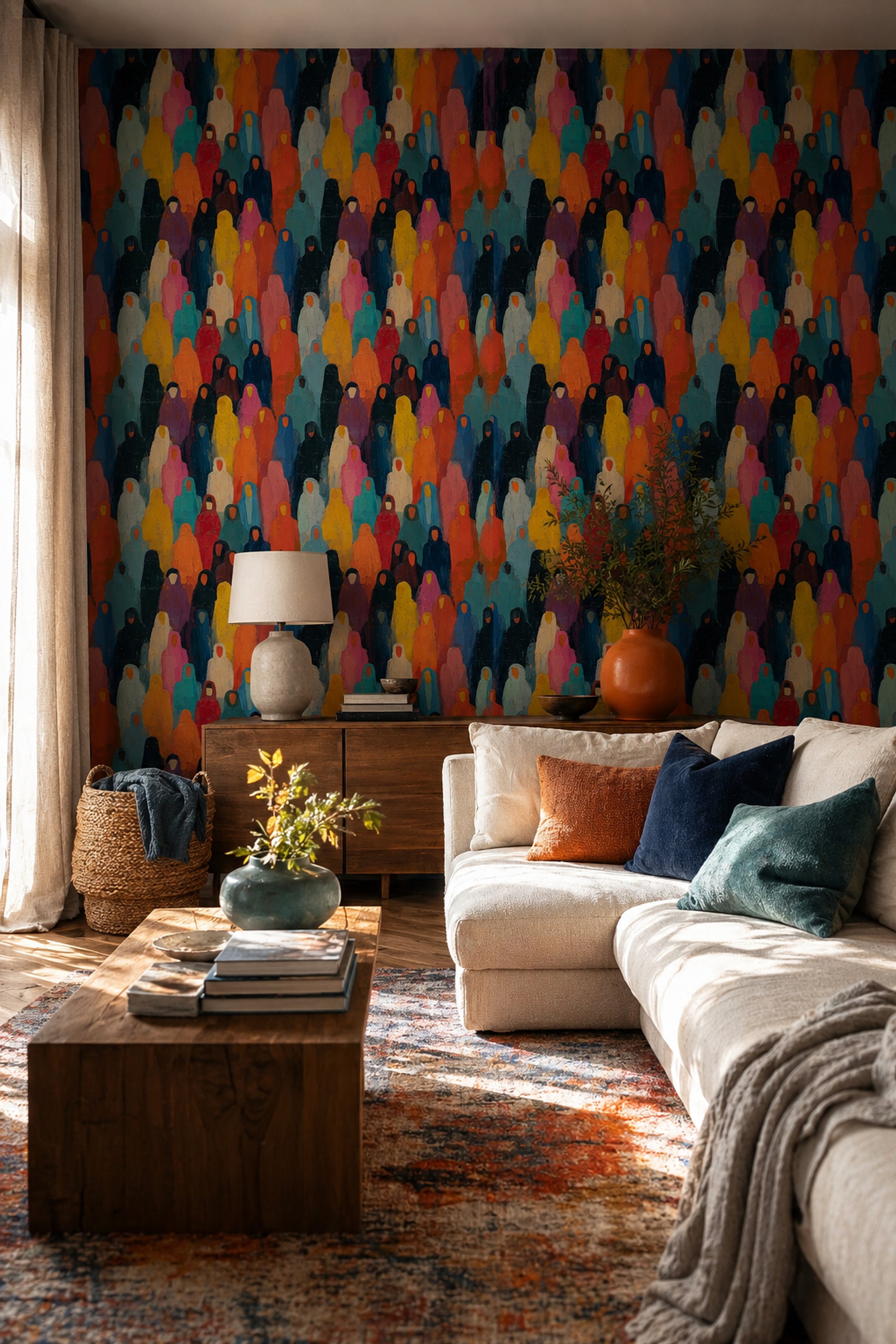 Abstract Crowd Wallpaper Hooded Figures Bold Color Blocks Decorative Mural