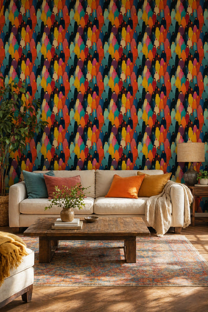Abstract Crowd Wallpaper Hooded Figures Bold Color Blocks Decorative Mural