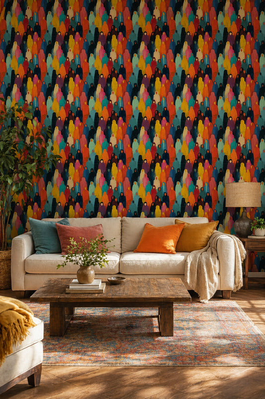 Abstract Crowd Wallpaper Hooded Figures Bold Color Blocks Decorative Mural
