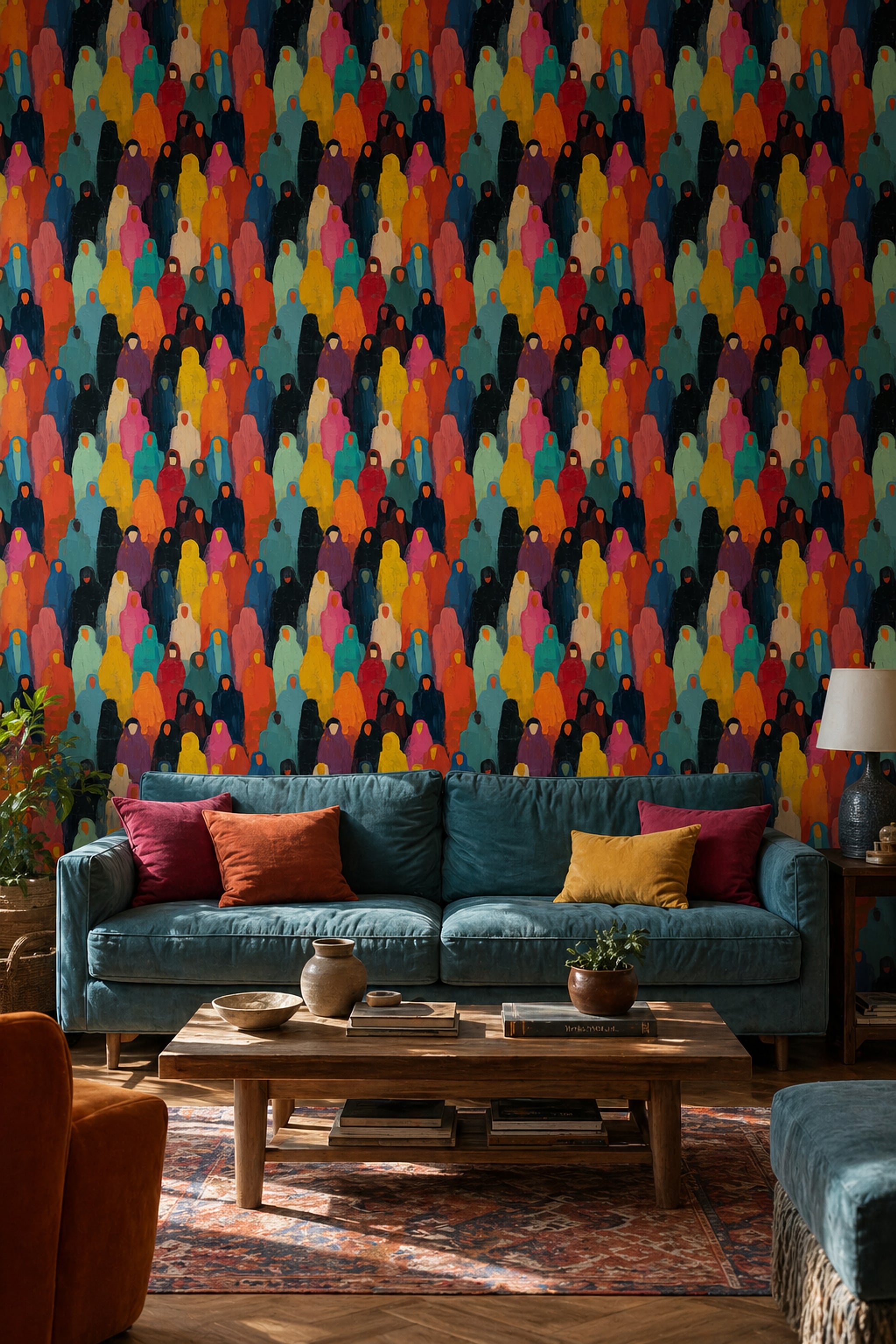 Abstract Crowd Wallpaper Hooded Figures Bold Color Blocks Decorative Mural