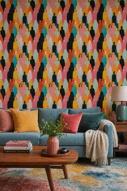Abstract Crowd Wallpaper Colorful Silhouettes Removable Impasto Texture Wall Decor