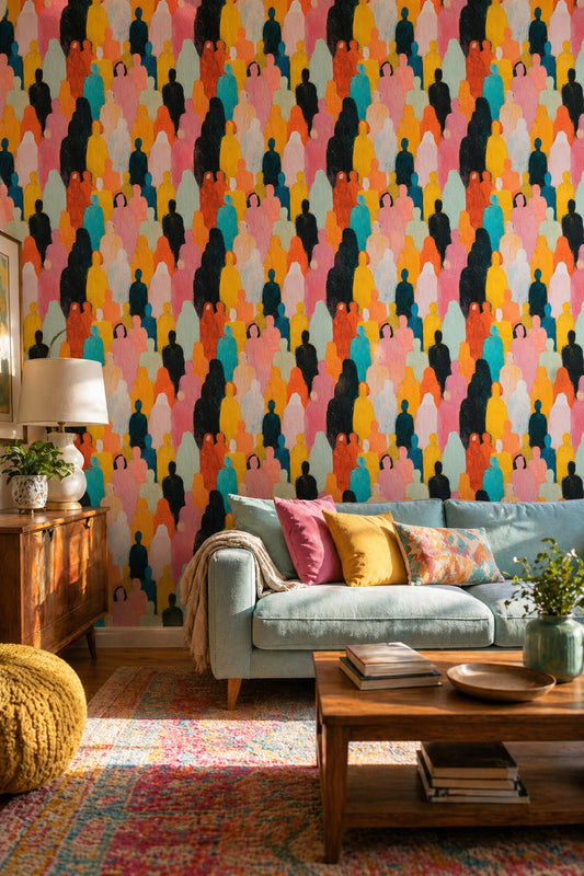 Abstract Crowd Wallpaper Colorful Silhouettes Removable Impasto Texture Wall Decor