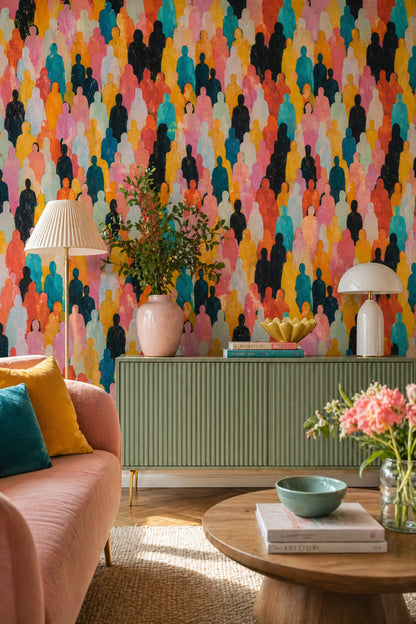 Abstract Crowd Wallpaper Colorful Silhouettes Removable Impasto Texture Wall Decor
