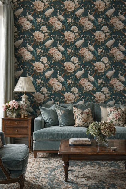 Muted Green Wallpaper Chinoiserie Botanical Decorative Mural