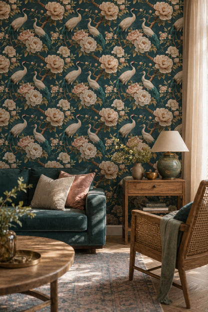 Muted Green Wallpaper Chinoiserie Botanical Decorative Mural