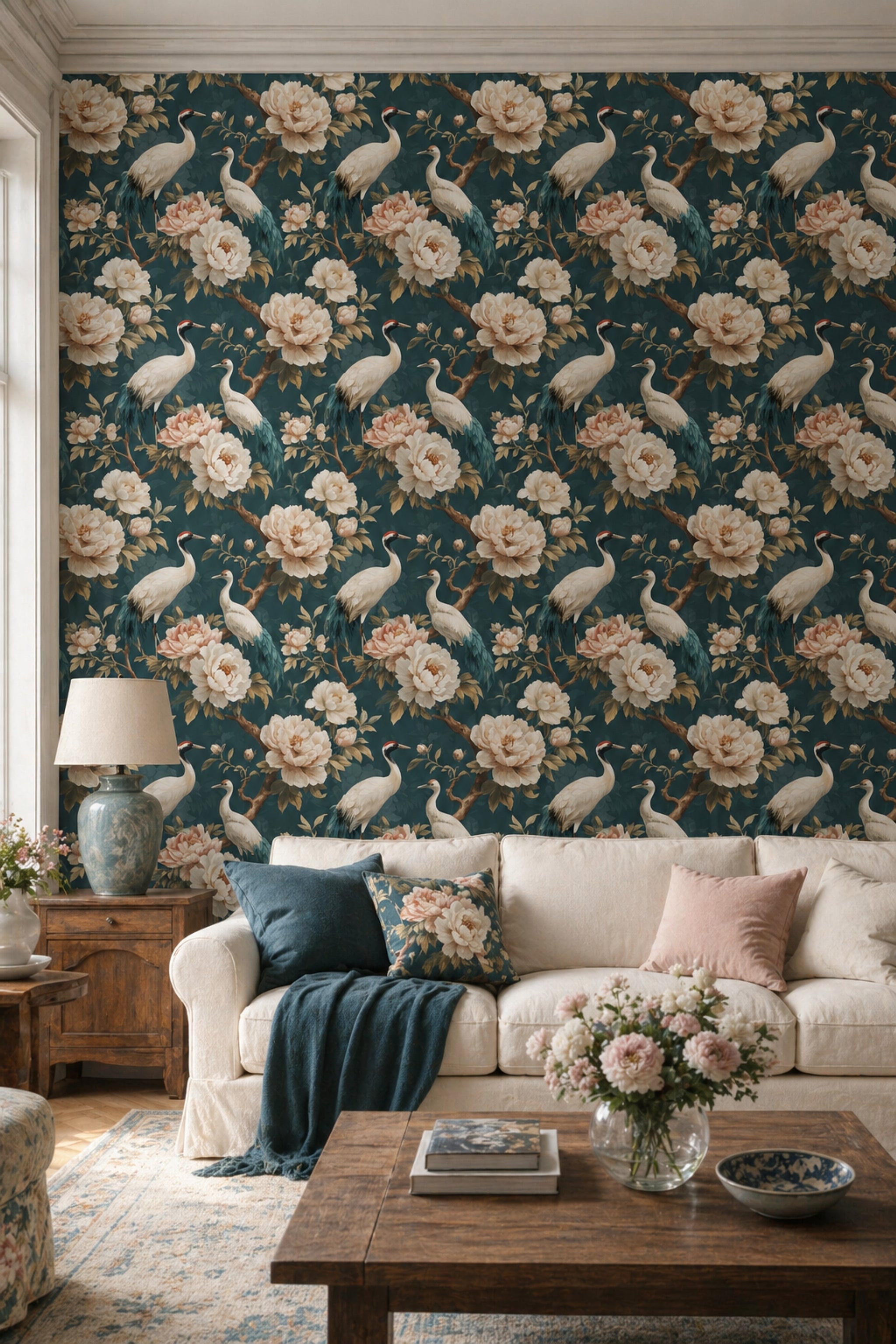 Muted Green Wallpaper Chinoiserie Botanical Decorative Mural