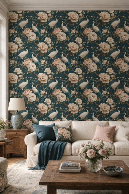 Muted Green Wallpaper Chinoiserie Botanical Decorative Mural