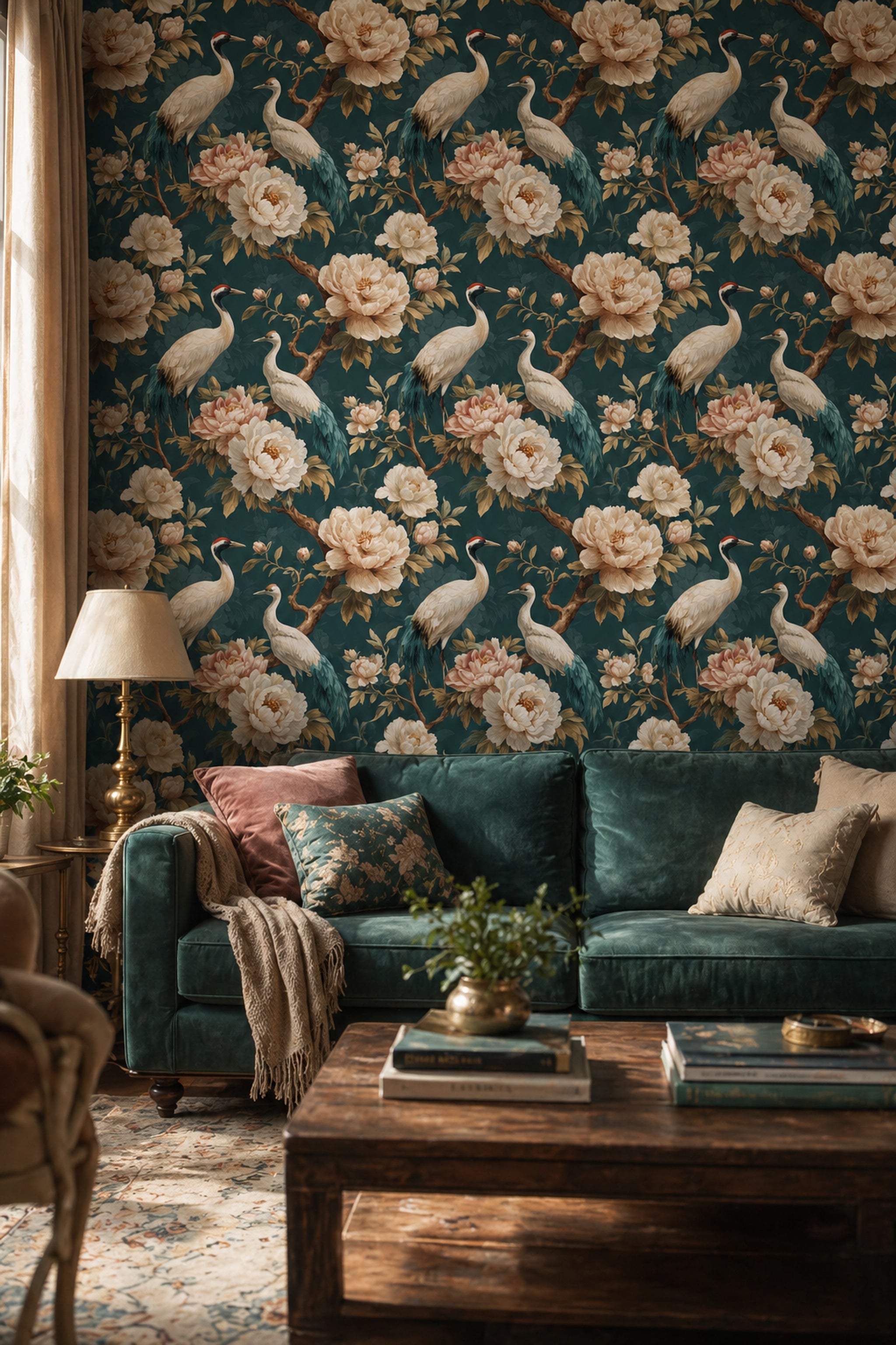 Muted Green Wallpaper Chinoiserie Botanical Decorative Mural